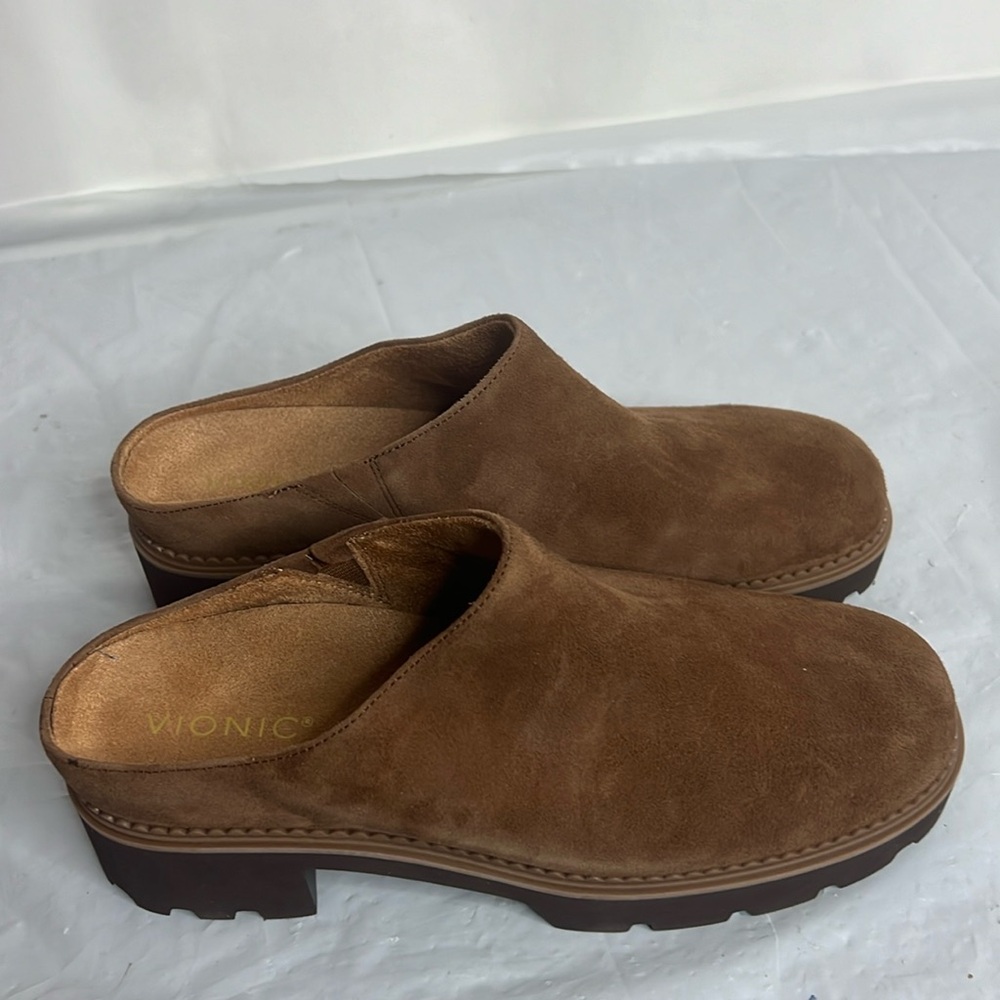 Vionic Womens Fairfax Brown Leather Slip On Block Heel Mules Shoes